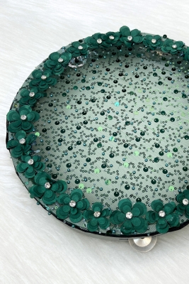 Yeşil Gelin Tefi 32cm Çiçek Pul Payet Parlak Taşlı Düğün Kına Nedime Bride Parti Defi