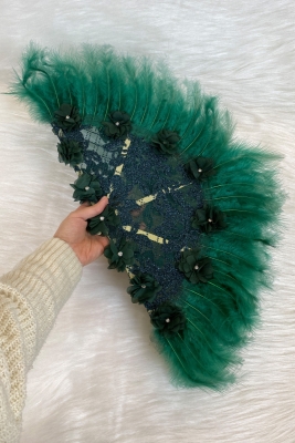 Yeşil Gelin Yelpazesi, Ahşap Tüylü Dantel Ve 3D Çiçek Süslemeli Kına Yelpazesi, Büyük Boy Yelpaze