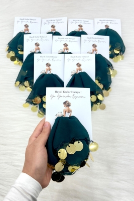 Yeşil Gold Şifon Kartlı Hediyelik Halay Mendili 1 Adet, Gelin Damat Düğün Kına Sünnet Nişan Bride