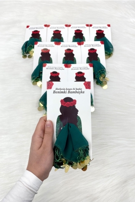 Yeşil Gold Şifon Kartlı Hediyelik Halay Mendili 10 Adet, Gelin Damat Düğün Kına Sünnet Nişan Bride