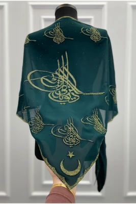 Yeşil Gold Simli Tuğra Şifon Damat Omuz Örtüsü Şalı, Kına Örtüsü, Sağdıç Asker Örtüsü