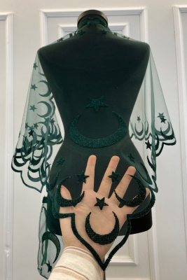 Yeşil Gümüş Simli Ayyıldız Damat Omuz Örtüsü Şalı, Kına Örtüsü, Sağdıç Asker Örtüsü