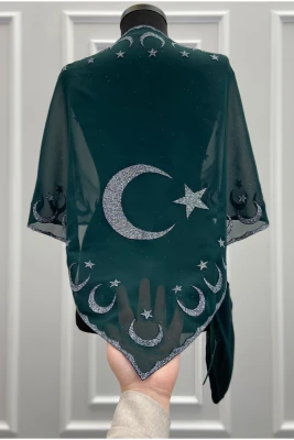 Yeşil Gümüş Simli Ayyıldız Şifon Damat Omuz Örtüsü Şalı, Kına Örtüsü, Sağdıç Asker Örtüsü