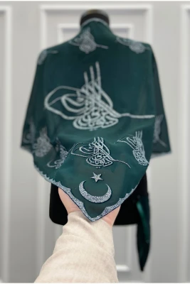 Yeşil Gümüş Simli Tuğra Şifon Damat Omuz Örtüsü Şalı, Kına Örtüsü, Sağdıç Asker Örtüsü
