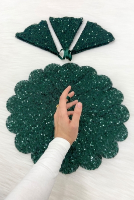 Yeşil Işıl Işıl Pullu Gelin Damat Mendili, Pul Payet Detaylı, Düğün Kına Sünnet Söz Nişan Bride