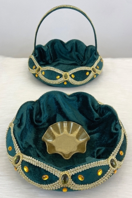 Yeşil Kadife Parlak Taş Süslemeli Kına Gecesi Tepsi Sepet Gelin Takımı, Nişan, Nikah, Düğün, Söz