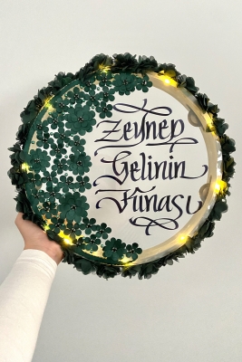 Yeşil Ledli Şeffaf Gelin Tefi 32cm 3d Çiçek Parlak Taş İncili Düğün Kına Nedime Bride Parti Defi