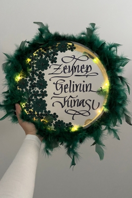 Yeşil Ledli Şeffaf Gelin Tefi 32cm 3d Çiçek Parlak Taş Otrişli Düğün Kına Nedime Bride Parti Defi