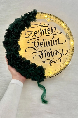 Yeşil Ledli Şeffaf Gelin Tefi 32cm 3d Çiçek Parlak Taşlı Düğün Kına Nedime Bride Parti Defi