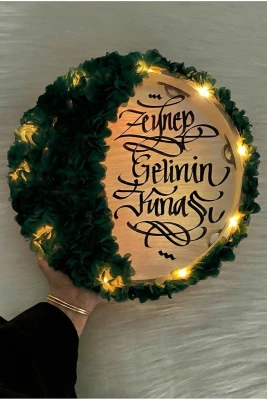 Yeşil Ledli Şeffaf Gelin Tefi 32cm, 3d Çiçek Süslemeli, Düğün Sünnet Kına Nedime Bride Parti Defi