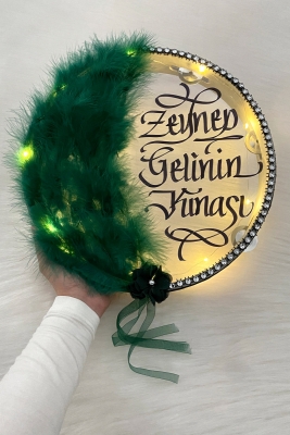 Yeşil Ledli Şeffaf Gelin Tefi 32cm Tüylü 3d Çiçek Saten Kurdele Düğün Kına Nedime Bride Parti Defi