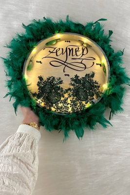 Yeşil Ledli Şeffaf Kaligrafi Gelin Tefi 30cm Vip Güpürlü Ve Tüylü Düğün Kına Nedime Bride Parti