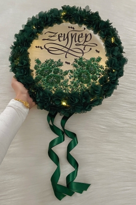 Yeşil Ledli Şeffaf Kaligrafi Gelin Tefi 32cm Vip Güpürlü Ve 3d Çiçek Düğün Kına Nedime Bride Parti