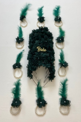 Yeşil Nedime Bilekliği 5 Adet, Nedime Tacı(METAL) 5 Adet, Bride To Be, Kına Gecesi, 11 Parça Set