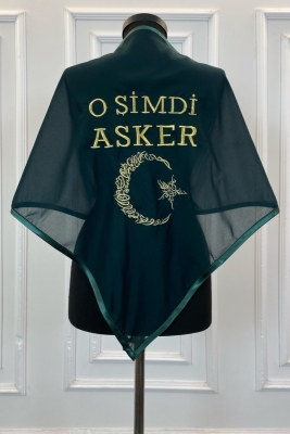 Yeşil O Şimdi Asker Şalı Örtüsü, Lüks Şifon Nakışlı Kına Omuz Örtüsü Duvağı
