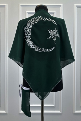 Yeşil Şifon Damat Omuz Örtüsü, Gümüş Ayyıldız Nakış Sim Kenar, Sağdıç Nedime Kına Asker Şalı Duvağı