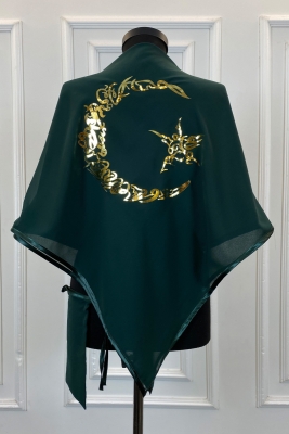 Yeşil Şifon Lüks Damat Omuz Örtüsü, Gold Ayyıldız Baskılı, Sağdıç Nedime Kına Asker Şalı Duvağı