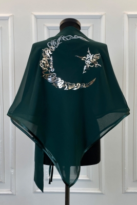 Yeşil Şifon Lüks Damat Omuz Örtüsü, Gümüş Ayyıldız Baskılı, Sağdıç Nedime Kına Asker Şalı Duvağı