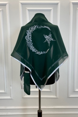 Yeşil Şifon Lüks Damat Omuz Örtüsü, Gümüş Ayyıldız Nakışlı, Sağdıç Nedime Kına Asker Şalı Duvağı