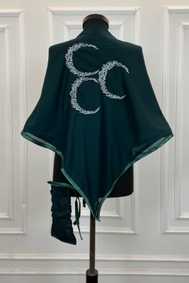 Yeşil Şifon Lüks Damat Omuz Örtüsü, Gümüş Üç Hilal Nakışlı, Sağdıç Asker Kına Örtüsü Şalı Duvağı