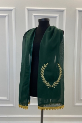 Yeşil Şifon Lüks Damat Şalı, Gold Dal Nakışlı, Sağdıç Nedime Kına Asker Omuz Örtüsü Duvağı