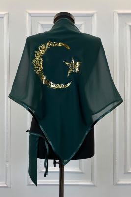 Yeşil Şifon Üçgen Damat Omuz Örtüsü, Gold Ayyıldız Baskılı, Sağdıç Nedime Kına Asker Şalı Duvağı