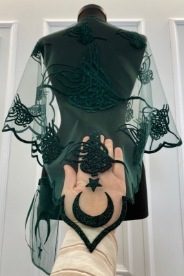 Yeşil Simli Tuğra Ayyıldız Damat Omuz Örtüsü Şalı, Kına Örtüsü, Sağdıç Asker Örtüsü