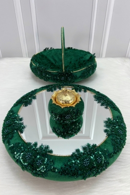 Yeşil Vip Aplikli Aynalı Kadife Kına Gecesi Tepsi Sepet Gelin Takımı, Nişan Nikah Düğün Söz Sünnet