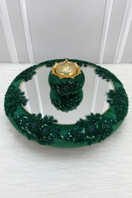 Yeşil Vip Aplikli Aynalı Kadife Kına Gecesi Tepsisi Gelin, Nişan Nikah Düğün Söz Sünnet