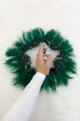 Yeşil Vip Gelin Mendili, Boncuk İnci Pul Tüy Detaylı Lüks Aplikli Damat Düğün Kına Sünnet Nişan