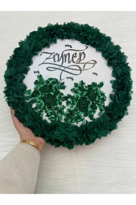 Zümrüt Yeşil Kaligrafi Gelin Tefi 32cm, Vip Güpürlü Ve 3d Çiçek Düğün Kına Sünnet Nedime Bride Parti