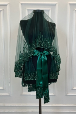 Zümrüt Yeşili Alev Desen Gelin Duvak Seti, Pullu Boncuklu Su Taşlı Kına Duvağı Seti 6 Parça