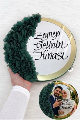 Zümrüt Yeşili Aynalı Gelin Tefi 30cm, Kaligrafi Yazılı Ve Lazer Çiçek Süslemeli, Düğün Nişan Sünnet Kına Nedime Nikah Söz Bride Parti Tefi