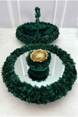 Zümrüt Yeşili Çiçekli Aynalı Kadife Kına Gecesi Tepsi Sepet Gelin Takımı, Nişan Nikah Düğün Sünnet