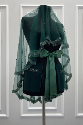 Zümrüt Yeşili Gelin Duvak Seti, Cam Boncuk Ve İncili, Kına Gecesi Duvağı Yüz Örtüsü Seti 6 Parça