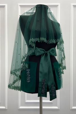 Zümrüt Yeşili Gelin Duvak Seti, Cam Boncuk Ve İncili, Kına Gecesi Duvağı Yüz Örtüsü Seti 6 Parça