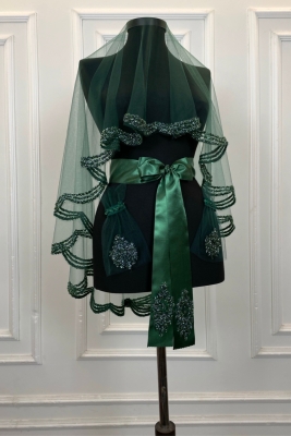 Zümrüt Yeşili Gelin Duvak Seti, Cam Boncuk Ve Pul Baskılı Kına Duvağı Seti 6 Parça