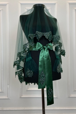 Zümrüt Yeşili Gelin Duvak Seti, Cam Boncuk ve Pul Baskılı Kına Duvağı Seti 6 Parça