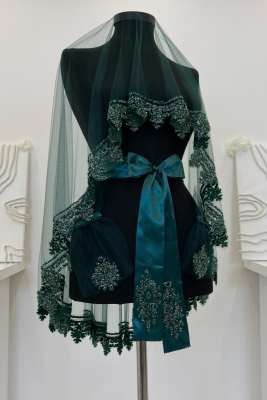 Zümrüt Yeşili Gelin Duvak Seti, Cam Boncuk ve Pul Baskılı Kına Duvağı Seti 6 Parça