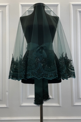 Zümrüt Yeşili Gelin Duvak Seti, Sultan Desen Işıl Işıl Güpürlü