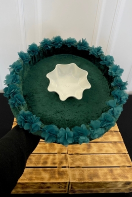 Zümrüt Yeşili Gelin Kına Gecesi Tepsisi, Düğün, Sünnet, Kadife Üç Boyutlu Lazer Çiçek Süslemeli