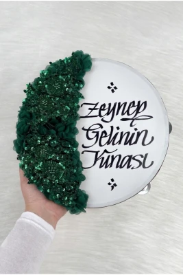 Zümrüt Yeşili Gelin Tefi 30 Cm, Kaligrafi Ve Vip Aplik Süslemeli, Düğün Sünnet Kına Nedime Nikah Nişan Söz Bride Parti Bekarlığa Veda Partisi Gelin Da