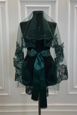 Zümrüt Yeşili Işıl Işıl Güpürlü Kına Duvak Seti, Gelin Duvağı Seti