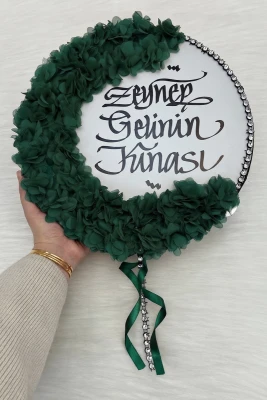 Zümrüt Yeşili Kaligrafi Gelin Tefi 32cm, Parlak Taş Ve 3d Çiçek Süslemeli, Düğün Kına Sünnet Nedime Bride Parti Defi
