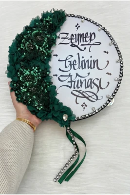 Zümrüt Yeşili Kaligrafi Gelin Tefi 32cm, Vip Güpürlü, Parlak Taş Ve 3d Çiçek Düğün Kına Sünnet Nedime Bride Parti Defi