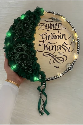 Zümrüt Yeşili Ledli Gelin Tefi 32cm, Aplik Çiçek Ve Parlak Taş Süslemeli Def, Düğün Kına Gecesi Nedime Bride Sünnet