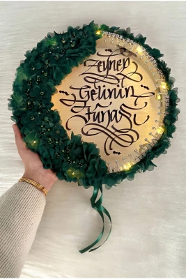 Zümrüt Yeşili Ledli Gelin Tefi 32cm, Lüx Aplik Çiçek Ve Parlak Taş Süslemeli, Düğün Kına Nedime Bride Sünnet