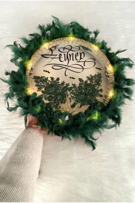 Zümrüt Yeşili Ledli Gelin Tefi 32cm, Lüx Aplik Çiçekli Tüylü Ve Parlak Taş Süslemeli, Düğün Kına Nedime Bride Sünnet