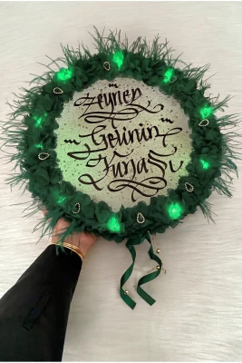 Zümrüt Yeşili Ledli Gelin Tefi 32cm, Parlak Taşlı Tüylü Ve Üç Boyutlu Çiçekli Süslemeli, Düğün Kına Gecesi Nedime Bride Sünnet