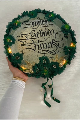 Zümrüt Yeşili Ledli Gelin Tefi 32cm, Üç Boyutlu Çiçek Ve Parlak Taş Süslemeli Def, Düğün Kına Gecesi Nedime Bride Sünnet